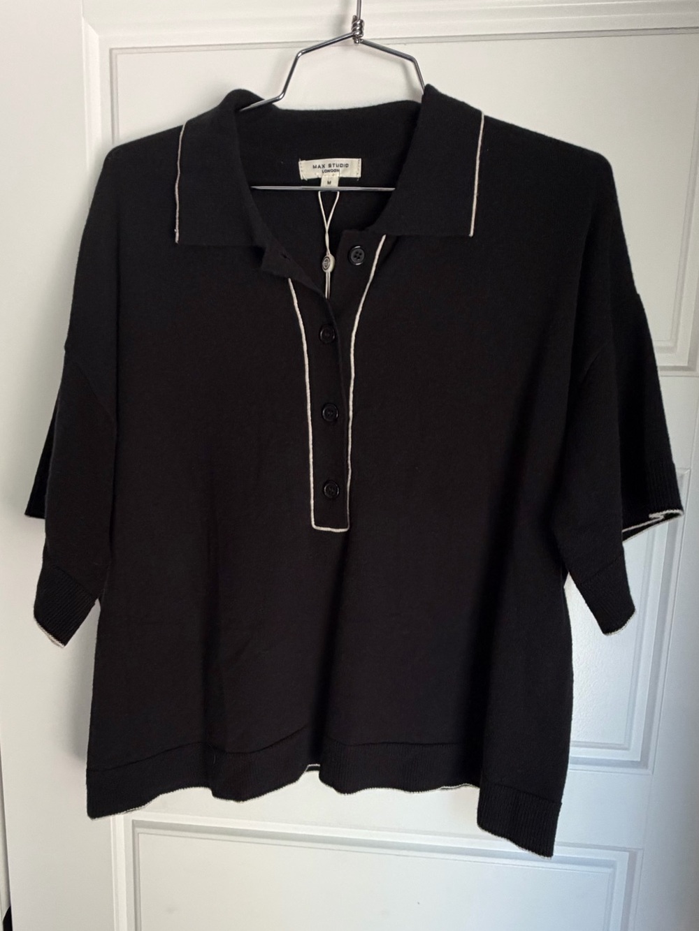 NWT Max Studio Black Polo Knit Top with White Contrast Trim